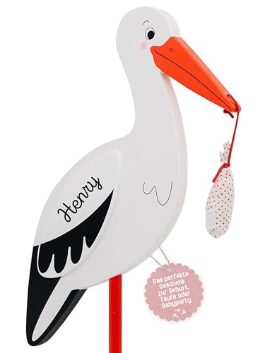 wunderwunsch GOKI Storch personalisiert Willkommen Kind Holzstorch Welcome Baby Schild Klapperstorch Baby Kind Geburt Neugeborenes Figur auf Wunsch mit Namen