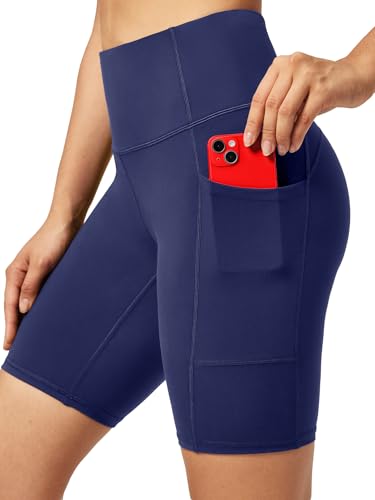 Ewedoos Cycling Shorts Women Running Gym Shorts for Women with Pockets High Waisted Tummy Control Soft Womens Sports Yoga Biker Workout Short Navy Blue