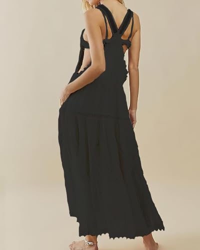 Image of Women's Laced Embroidered Tulle Boho Dress Casual Loose Adjustable Straps Bib Maxi Dress