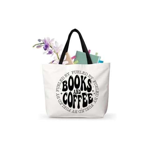 MVZX Books And Coffee Canvas Tote Bag, Book Coffee Lover Gifts, Reusable Grocery Shopping Bag, Book Club Black Shoulder Tote Bag, Gifts For Women Reader Bookish Bookworm Librarian Book Nerd, B01 Cover