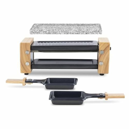 H.Koenig Raclettegerät Duo Multifunktion 2 Personen WOD2 Naturholzdesign, Herausnehmbarer Granitstein, Professionelles Käsefondue Raclette, 2 antihaftbeschichtete Pfännchen, 2 Holzspachteln