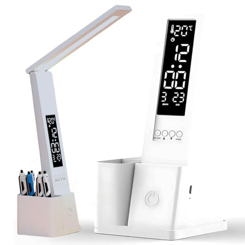 Luminária LED de Mesa para Leitura com Relógio Digital e Porta Canetas, Luminária Multifuncional com Ângulo Ajustável e Controle de Luz, Estudo, Dormitório, Escritório, Quarto, Decoração