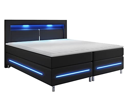 Mirjan24 Boxspringbett Amarante, Blauer LED-Beleuchtung, Matratzen-Topper und Bonellmatratze im Set Ehebett Bettgestell Bett Doppelbett Amerikanisches Continentalbett (Soft-KM 100, 180 x 200 cm)