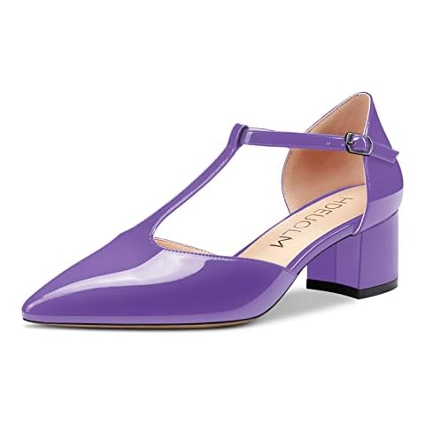 HDEUOLM Womens Mid Chunky Block Heel Pointed Close Toe Pumps Court Shoe T-Strap Ankle Strap Wedding Office Classic Sandals Purple Patent 6 UK Cover