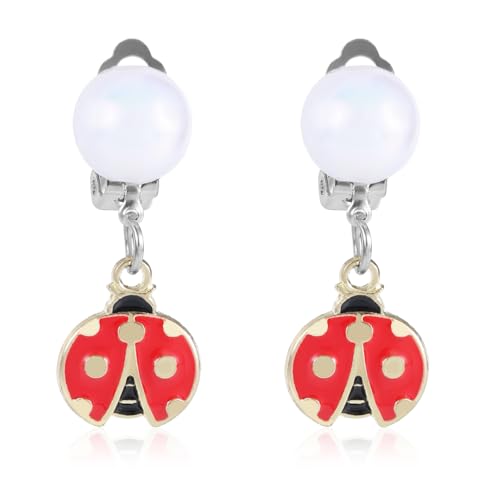 Ladybug Pearl Earrings for Kids, Clip On Pearl Ladybug Earrings Girls Jewelry Perfect Decorations and Gifts for Daily Wear Halloween Carnival Role Play No Piercing Required