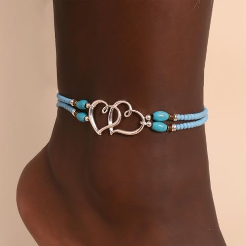 Image of Elastic Beaded Ankle Bracelets for Women Double Heart Layered Stretch Ankle Bracelets Waterproof Dainty Boho Beaded Anklets for Summer Beach Foot Jewelry
