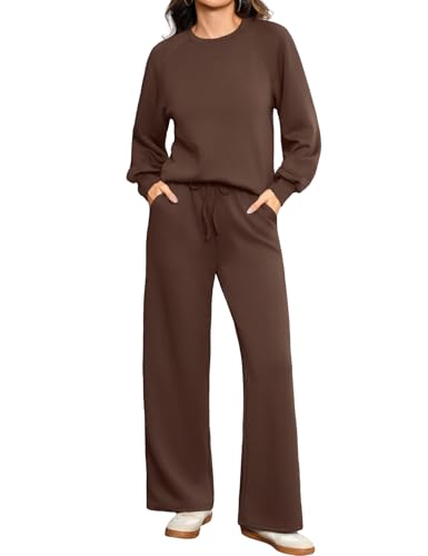 Totatuit Conjunto deportivo mujer sweatshirt cuello redondo pantalón ancho con cordón y bolsillos cómodo casual Marrón，XXL