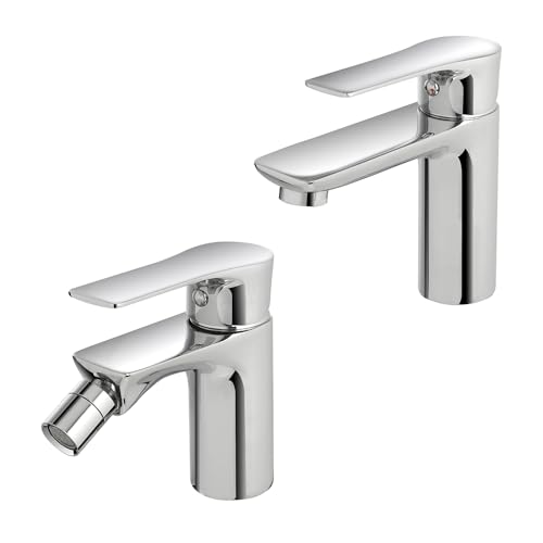 Ensemble de mélangeurs lavabo et bidet avec bonde click-clack, en laiton chromé poli avec échappement automatique inclus, série FLAT Ensemble de mélangeurs lavabo et bidet avec bonde click-clack, en laiton chromé poli avec échappement automatique inclus, série FLAT