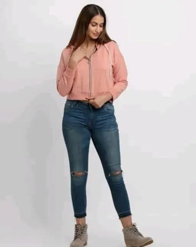 Image of Rabboni Women's Crop Fleece Hoodie Jacket | Full Sleeve Zip-Up Hooded Sweatshirt for Women & Girls | Soft Warm Casual Winter Wear Crop Hoodie