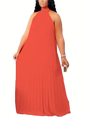 Image of Aro Lora Womens Casual Sleeveless Plus Size Chiffon Halter Neck Pleated Loose Long Maxi Dress