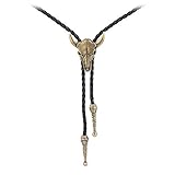 AZORA Western Bolo Tie for Men Cow Skull Copper Necktie Leather Braided Bolos for Women (cow skull necklace gold)