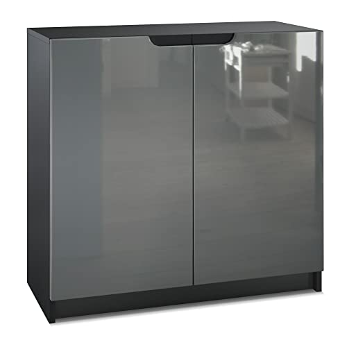 Vladon Buffet Logan, Commode avec 2 Portes, Noir Mat/Gris Haute Brillance (82 x 78 x 37 cm)