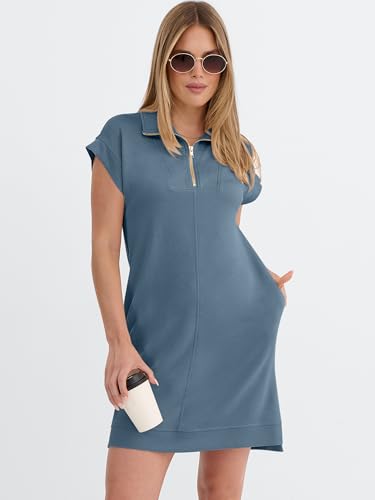Image of ANRABESS Womens Summer Casual Half Zip Cap Sleeve Trendy Wrinkle-Free Tshirt Dress 2026 Spring Beach Vacation Short Dresses