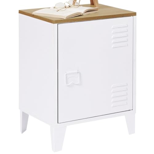 IDMarket - Table de Chevet Ester 1 Porte métal Blanc Plateau façon hêtre Design Industriel