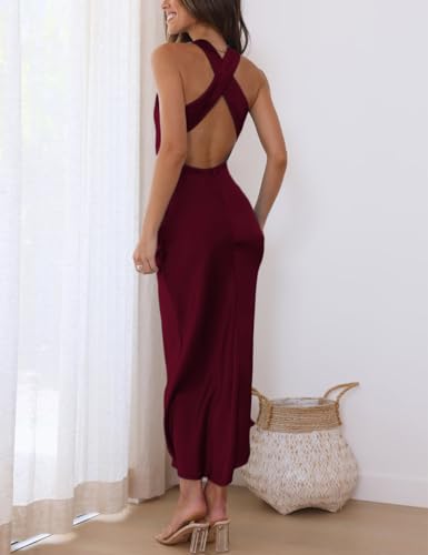 Image of Halfisland Womens Satin High Neck Backless Sleeveless Cocktail Midi Dress