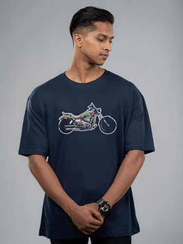 Image of T-Shirt for Men - 100% Cotton Ladakh Motorcycle Rider Half Sleeve Round Neck Graphic Print | Regular & Oversized Fit | 180 /220 GSM | S-5XL | Black, Navy Blue, Olive, Red, White