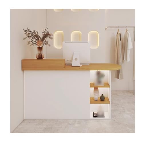 Bureau de réception moderne à LED avec étagère d'affichage et tiroirs verrouillables, comptoir de salon et betty, meubles Reta (chêne, droite 110 cm)