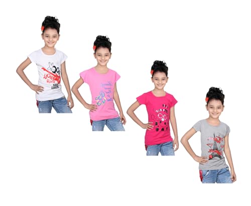 Image of indi weaves Girls Pure Cotton Chest Printed Half Sleeves Round Neck T-Shirts (Pack of 4)