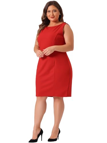 Image of Agnes Orinda Plus Size Sheath Dress for Women Sleeveless Boat Neck Casual Straight Pencil Work Dresses
