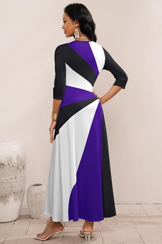 Image of Runwind Maxi Dress for Women with Ruched Waist - Semi-Formal 3 /4 Sleeve Crew Neck Long Dresses for Wedding Guest & Church
