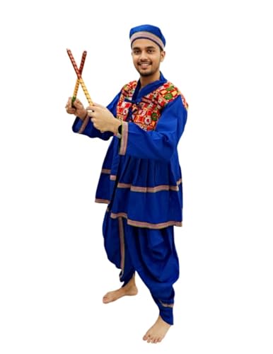 Image of BookMyCostume Blue Gujarati Kedia With A Pair of Dandiya Sticks Combo - Traditional Outfit for Navratri & Festivals | Gujarat Fancy Dress Costume For Kids & Adults 12-13 Years