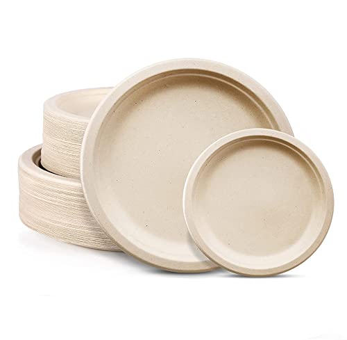 JINYUDOME Lot de 100 assiettes en carton compostables, assiettes en bagasse 100 % biodégradables, 50 plaques de 7 pouces et 50 plaques de 9 pouces Cover