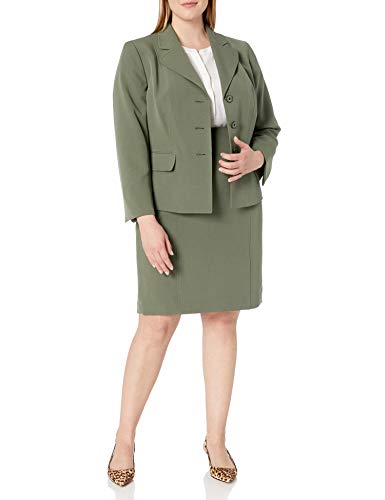 Le Suit Women's Plus Size 3 Button Notch Collar Seamed Crepe Skirt Suit, Olive, 14W