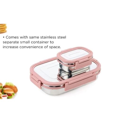 Image of BLLUEX Stainless Steel Tiffin Lunch Box with 4 Side Silicone Sleeve Clip Lock Lid, Food Storage Containers, Leak-Proof Bento Box Ideal for Work, School & Travel, 2 Containers (750ml and 250ml) - Pink