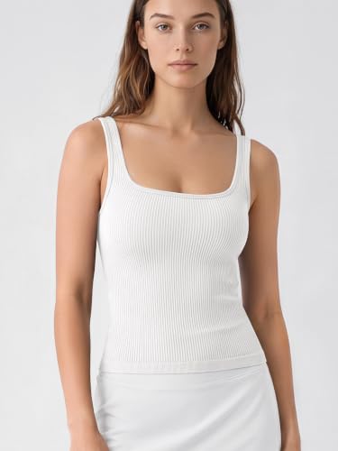 Image of ODODOS 3-Pack Seamless Square Neck Crop Tank for Women Ribbed Knit Soft Low Back Cropped Tops