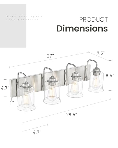 Image of zeyu 28.5 Inch Bathroom Wall Light Over Mirror, 4-Light Vanity Lighting Fixture, Brushed Nickel Finish with Clear Glass Shade, ZSL72B-4W BN