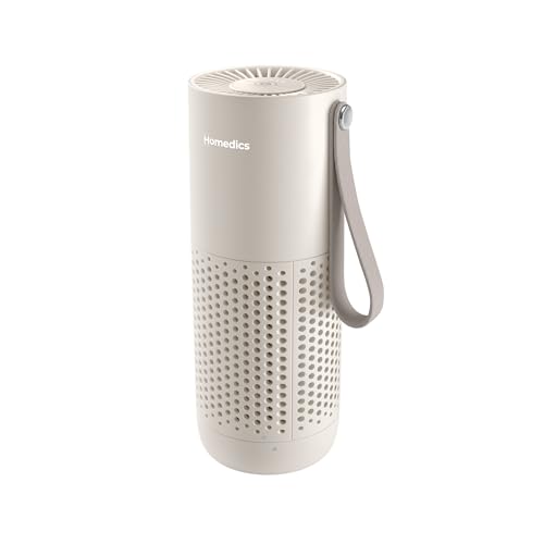 Homedics WhisperPure Mini Purificador de Aire con Filtro Tipo HEPA para Dormitorio, Hogar y Coche   Portátil Inalámbrico con Filtración 3 en 1 3 Velocidades y 8 Horas de Autonomía, Beige