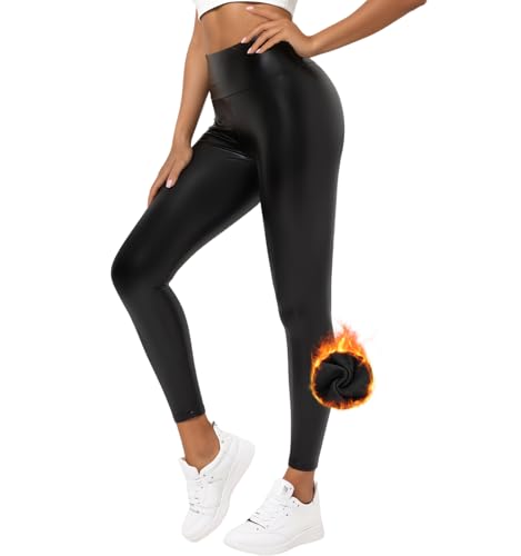 Zhiaek Lederleggings Damen Thermo Kunstleder Leggings Damen Matt Fleece Gefüttert Lederhose High Waist Leder Leggings Hose Strumpfhosen Treggins Lederimitat Hose für Damen M