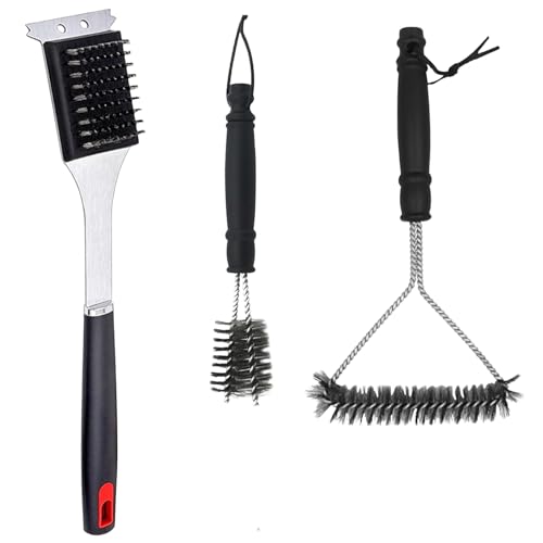 Fyfjur 3 Piezas Cepillo Barbacoa Acero Inoxidable, 39.2CM Aislamiento Térmico Mango Largo Cepillo de Alambre, Fácilmente Eficiente Kit de Limpieza para Barbacoa con Raspador