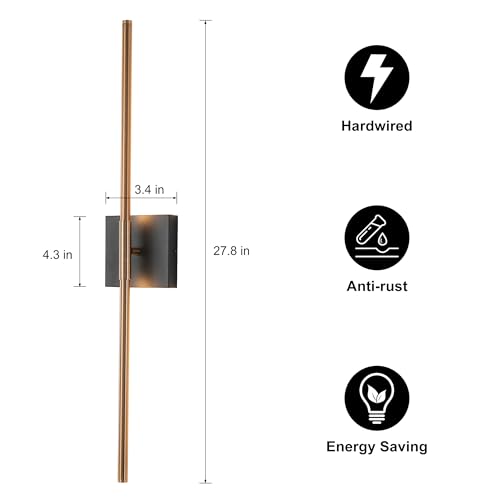 Image of KUZZULL Modern Light Fixture Set of Two 27.8x4.3x3.4in Black and Brass Gold Sconces 1200Lm LED Wall Lights for Bathroom, Living Room, Corridor