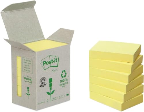 Post-it Notas Recicladas Canary Yellow - Paquete de 6 Blocs, 100 Hojas por Bloc (38 mm x 51 mm) - Color Amarillo - Notas Autoadhesivas Hechas de Papel 100% Reciclado
