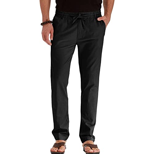 Maiyifu-GJ Men's Elastic Waist Drawstring Linen Pants Loose Casual Summer Beach Trousers Lightweight Soft Bussiness Pant (Black,Large)
