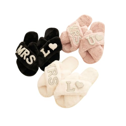 shiguangji Bridal Mrs Wedding slippers, Custom Mrs Fluffy Slippers with pearls letters, Bridal Shower Gifts, Gifts For Her