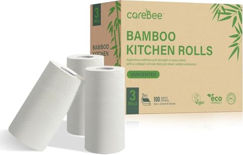 Carebee Kitchen Roll - 2 Ply Strong & Absorbent Paper Towels | 100% Bamboo | Zero Wastage | 100 Sheets per Roll | Ideal for Household Cleaning, Spills & Food Prep (Pack of 3)