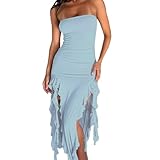 Tassel Strapless Dress for Women Stretchy Ruched Side Split Thigh Irregular Ruffle Trim Party Dress Light Blue M