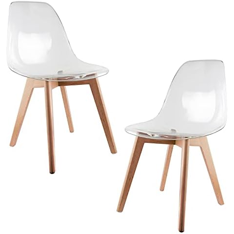 THE HOME DECO FACTORY Set of 2 Retro Scandinavian Dining Chairs with Wooden Foot, Wood, Transparent/Green, 47,5x54x86 cm Cover