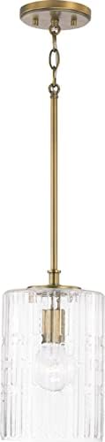 Capital Lighting 341311AD Emerson Transitional Embossed Seeded Glass Cylinder Pendant Light Fixture, 1-Light 100 Watt, 12" H x 7" W, Aged Brass