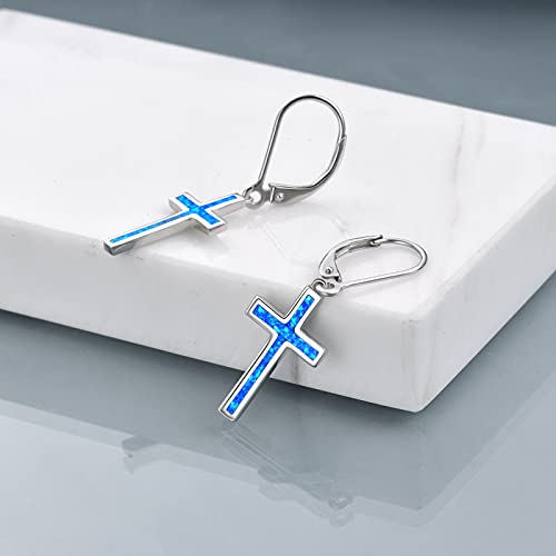 Onefinity Opal Cross Earrings 925 Sterling Silver Leverback Cross Dangle Drop Earring Blue Cross Religion Jewelry For Women Girls #TOP2