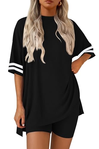 Image of Ekouaer Womens Pajamas 2 Piece Lounge Set Casual Oversized Short Sleeve Tops Biker Shorts Set Comfy Pjs Outfits S-XXL