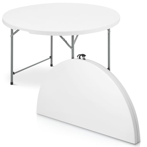 OS MOTOR 54 Inch Round Folding Table with Carry Handle, Portable Heavy Duty Plastic Utility Table with Steel Legs for Party, Wedding, Camping, Indoor, Outdoor Event, White