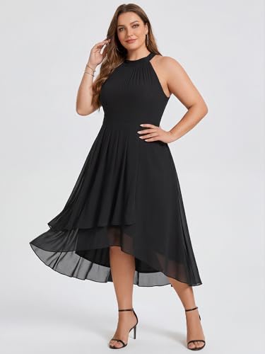 Image of Ever-Pretty Plus Women's Sleeveless Halter A Line Pleated High Low Plus Size Wedding Guest Cocktail Dresses 31926-DA