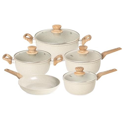 OSTER JOGO DE PANELAS E FRIGIDEIRA MARBLE EDITION CREAM – 5 PEÇAS COM REVESTIMENTO CERÂMICO ANTIADERENTE, ALÇAS EM SILICONE ANTITÉRMICO E BASE COMPATÍVEL COM INDUÇÃO