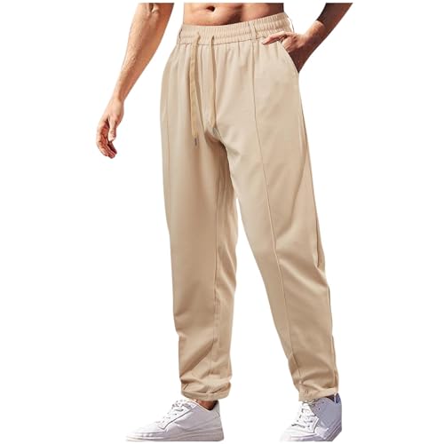 Drawstring Pants Mens Solid Pockets Long Trousers Elastic Waist Straight Leg Basic Trousers Workwear Pants Fitted