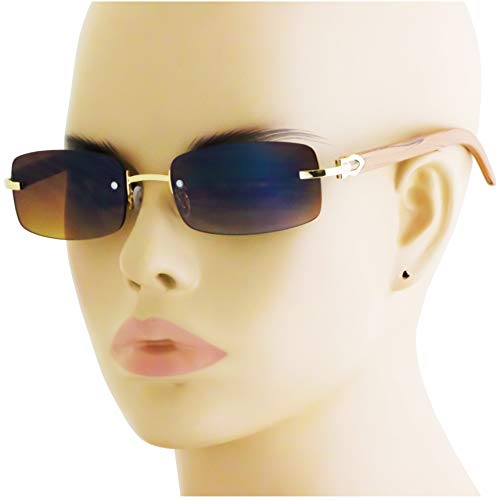 FLAWLESS EYEWEAR Slim Rimless Rectangular Sunglasses with Metal Wood Print Frame Luxe Dean (Rose Gold & Light Brown Wood)3