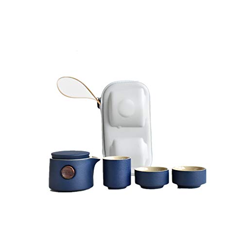 旅行ティーセット 茶器セット 茶具セット 急須 ティーポット 茶皿 茶器 お出かけ用 陶磁 お茶出し 煎茶碗 茶筒 湯呑みセット カップ 茶道 収納バッグ付き ポータブル 過器具 湯呑セット 父の日のプレゼント(ブルー)