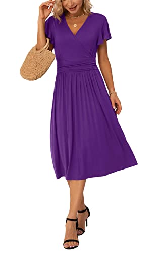 Image of GRECERELLE Spring Summer Dress for Women Casual Ruffle Short Sleeve Wrap V-Neck Dress